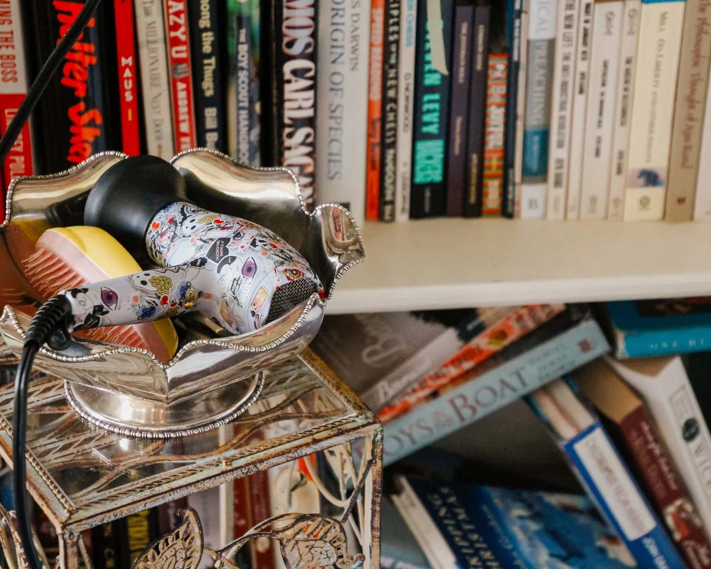 Documentary interior — decorated hair dryer in a silver tray on a vanity in front of a packed bookshelf